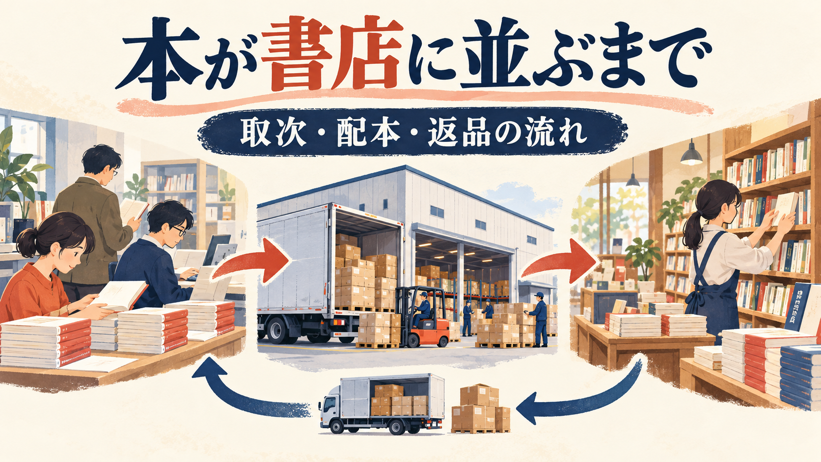 出版社から取次と物流センターを経て書店へ本が届き返品が戻る流れの図