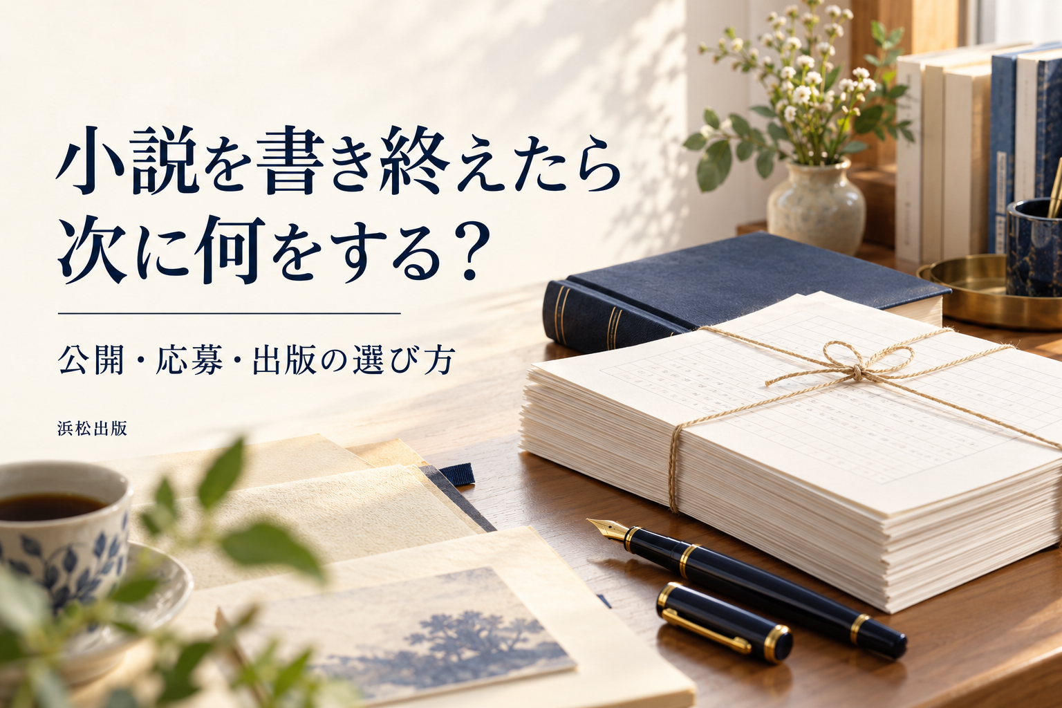 小説を書き終えたら次に何をする？公開・応募・出版の選び方を案内する浜松出版のアイキャッチ。原稿の束と青い本を配置。