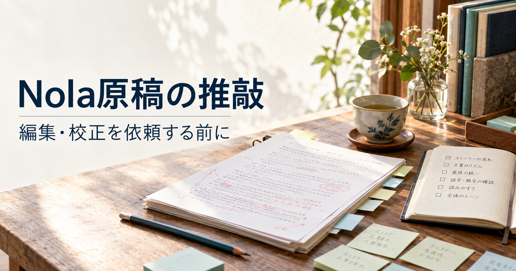 Nolaで書いた小説原稿を編集・校正依頼前に見直すイメージ