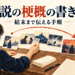小説の梗概を書く作者が、物語のカードを起承転結の流れに並べるイラスト