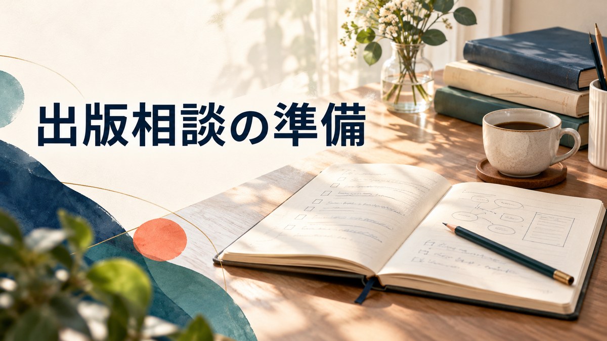 出版相談の準備をテーマに、ノートとペンを描いたアイキャッチ画像