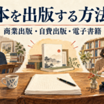 執筆と編集と紙の本から出版方法の選択肢を表現したイラスト
