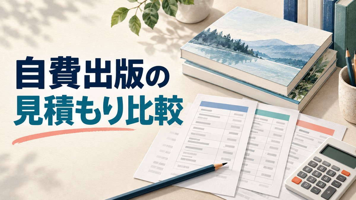 自費出版の見積もり比較をテーマに、本と比較表・電卓を描いたアイキャッチ画像